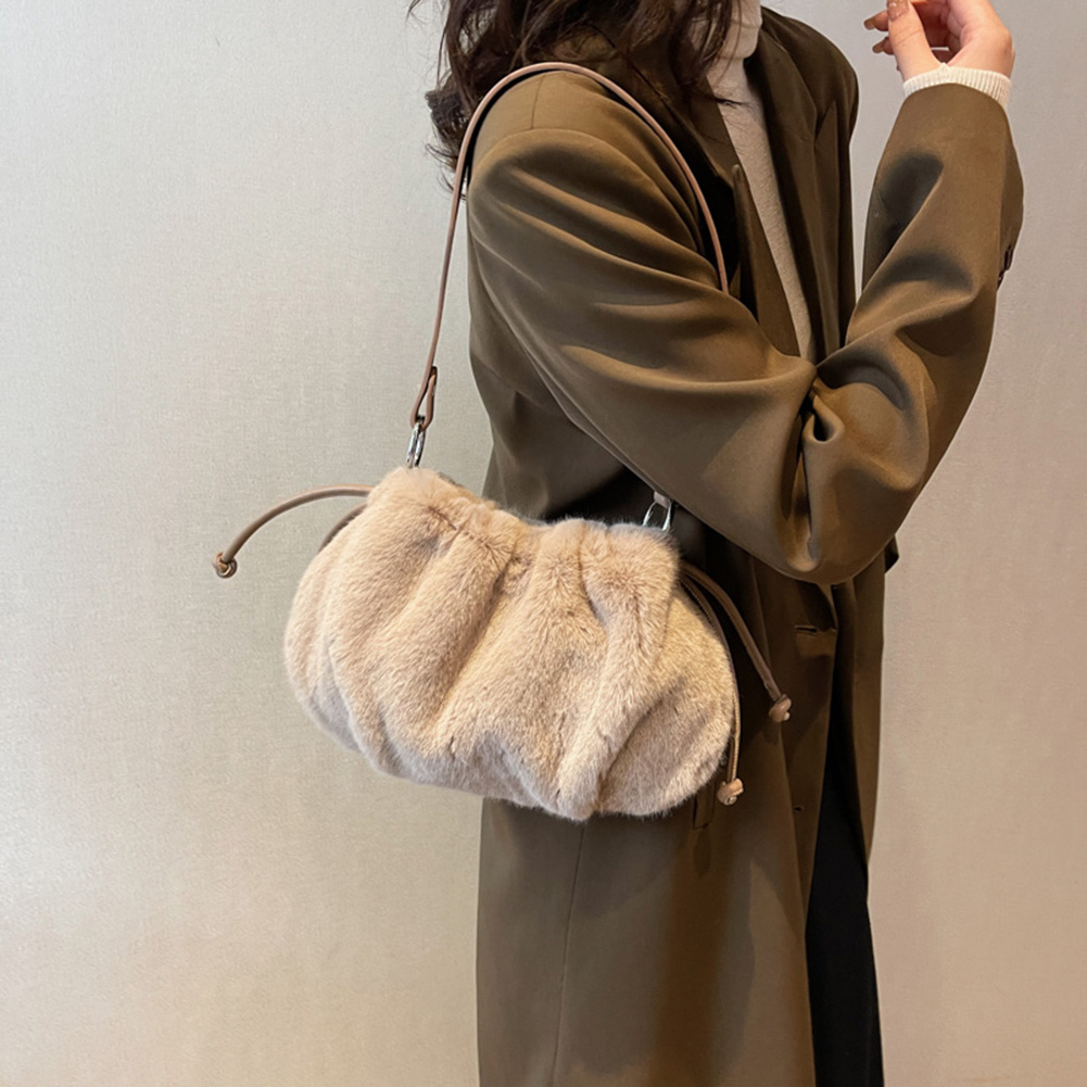 Women Plush Drawstring Bag Soft Plush Versatile Purse Faux Fur Fluffy Dating Bag Solid Color Female Winter Daily Bag