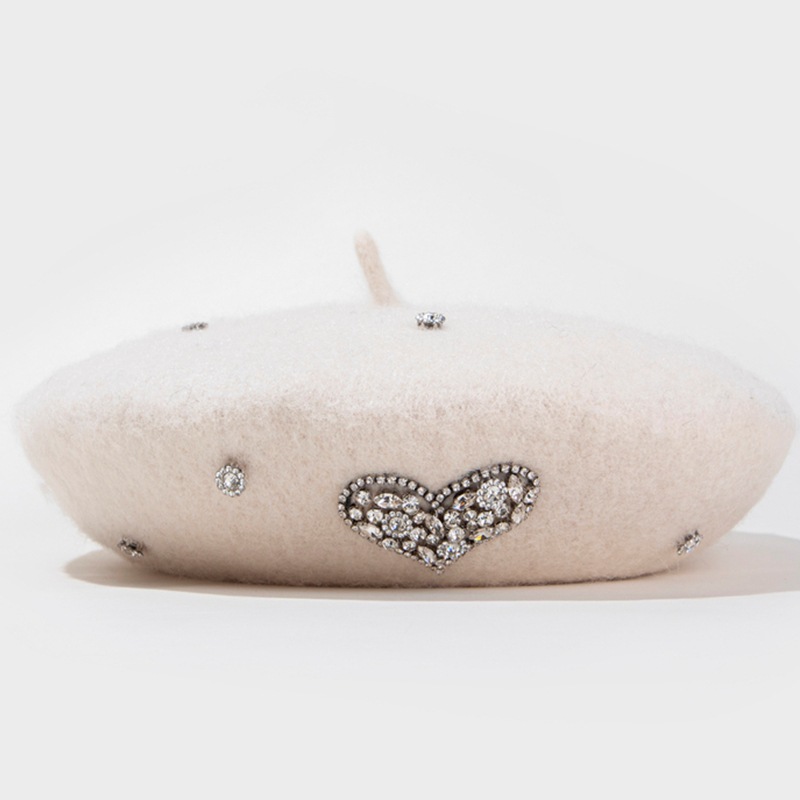 New Winter Women Wool Beret Love Heart Rhinestone Female Berets Beanies British Vintage Painter Hat Lady Warm Outdoor Hats 5