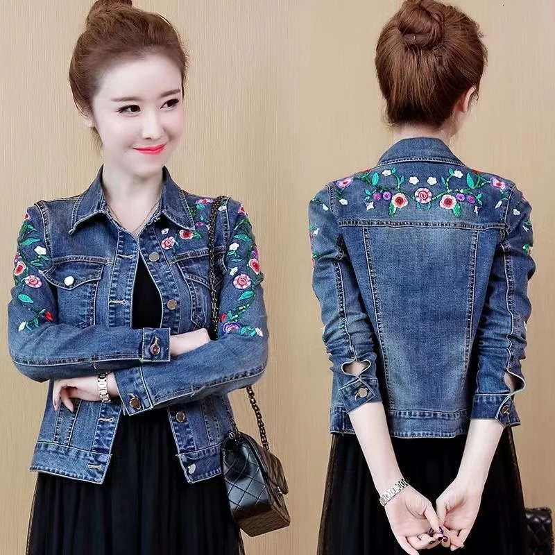 Womens floral embroidery short denim jacket Womens elegant single chest ultra-thin denim jacket Spring and Autumn jacket Basic jacket 241112