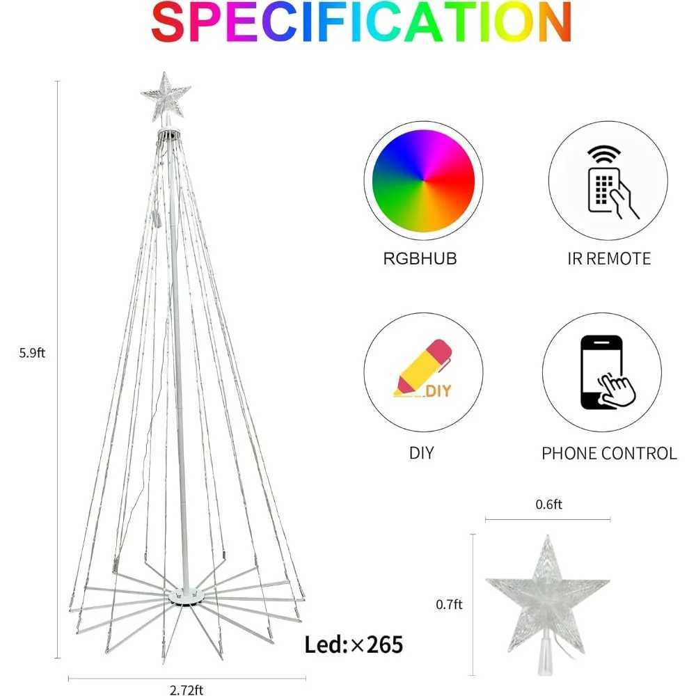 6Ft 265 LED Christmas Cone Tree Light Bluetooth Intelligent Waterproof Music Synchronized Flashing Light APP Remote ControlLX241112