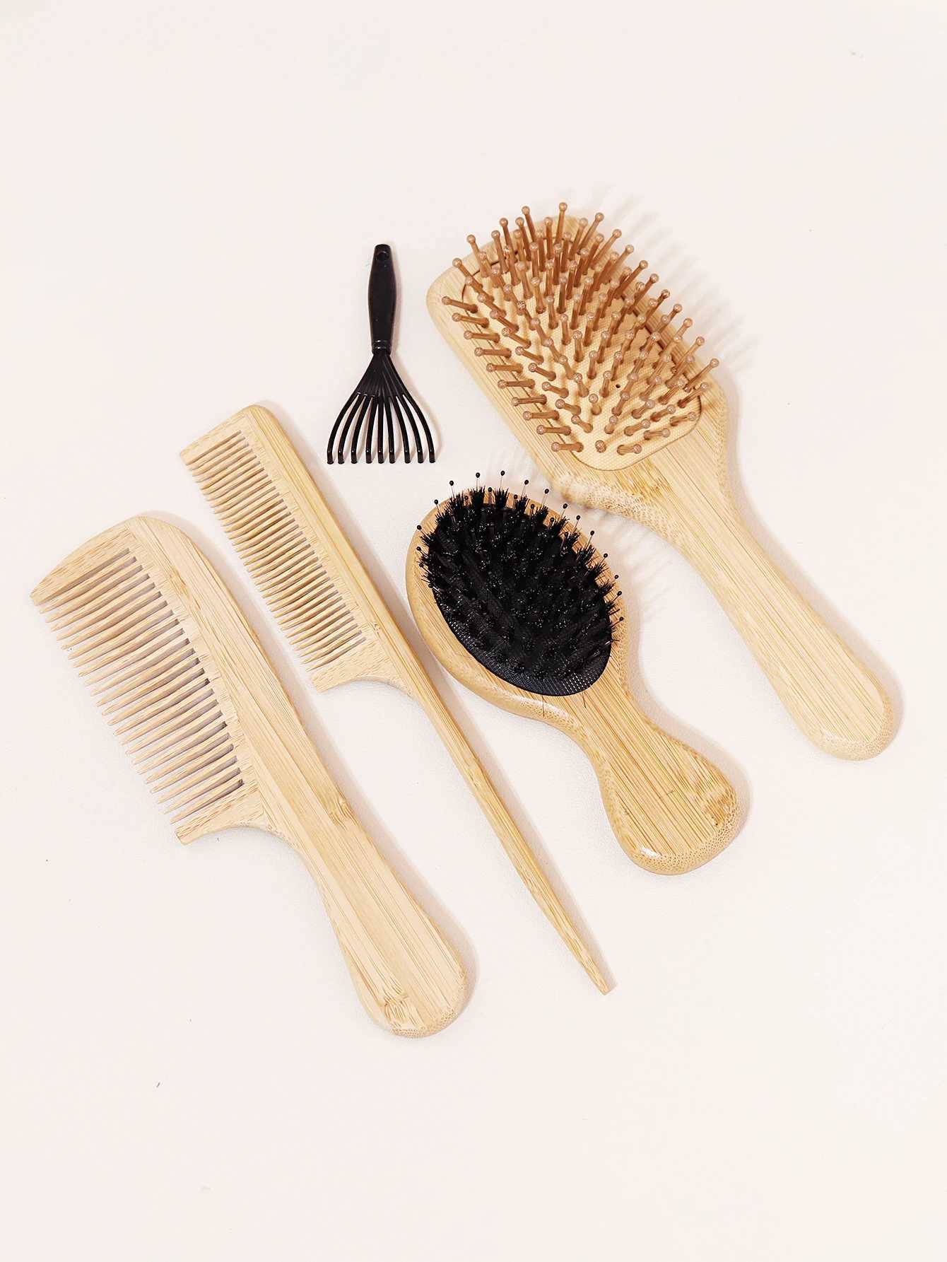 5-piece wooden comb with cleaning claw set anti-static household use scalp massage comb paddle brush and tail comb W241112