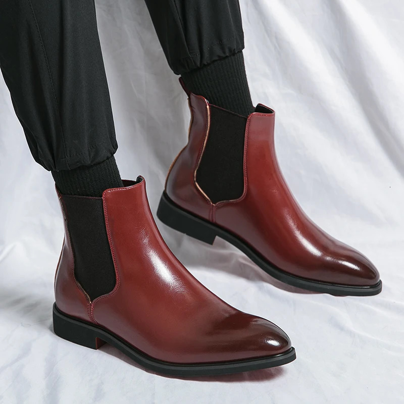 Mens Leather Boots Pointed Mens Chelsea Boot Red Mens Banquet Dress Boots Mens High-end Business Shoes 241112