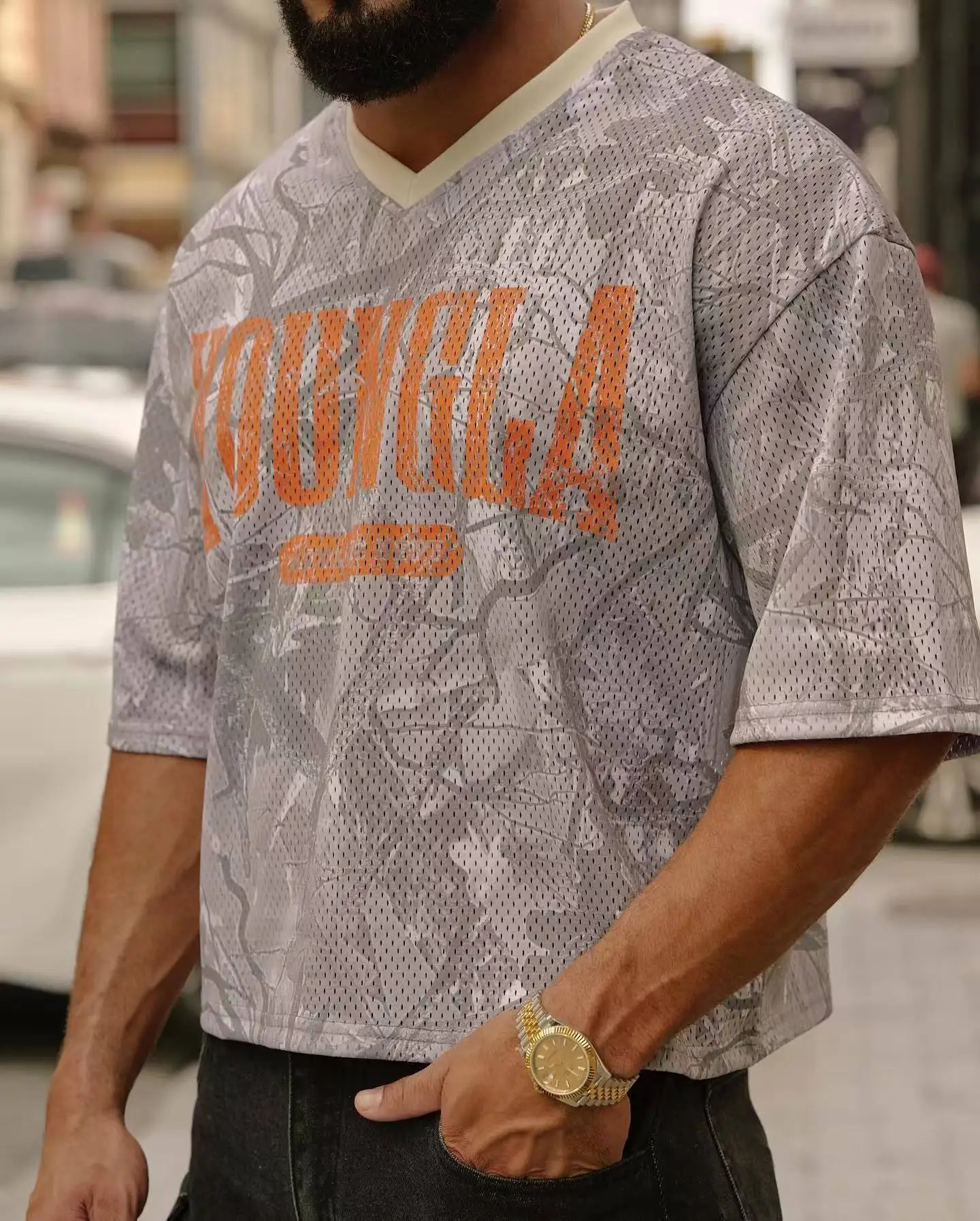 American style mens casual oversized T-shirt for summer sports and fitness quick drying breathable mesh short sleeved T-sh 241112