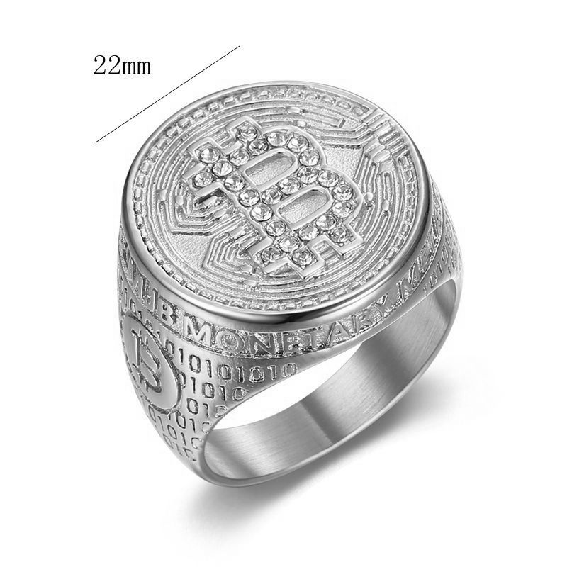 Hip Hop Casting Bitcoin Ring Titanium Steel With Zircon Jewelry Silver Color