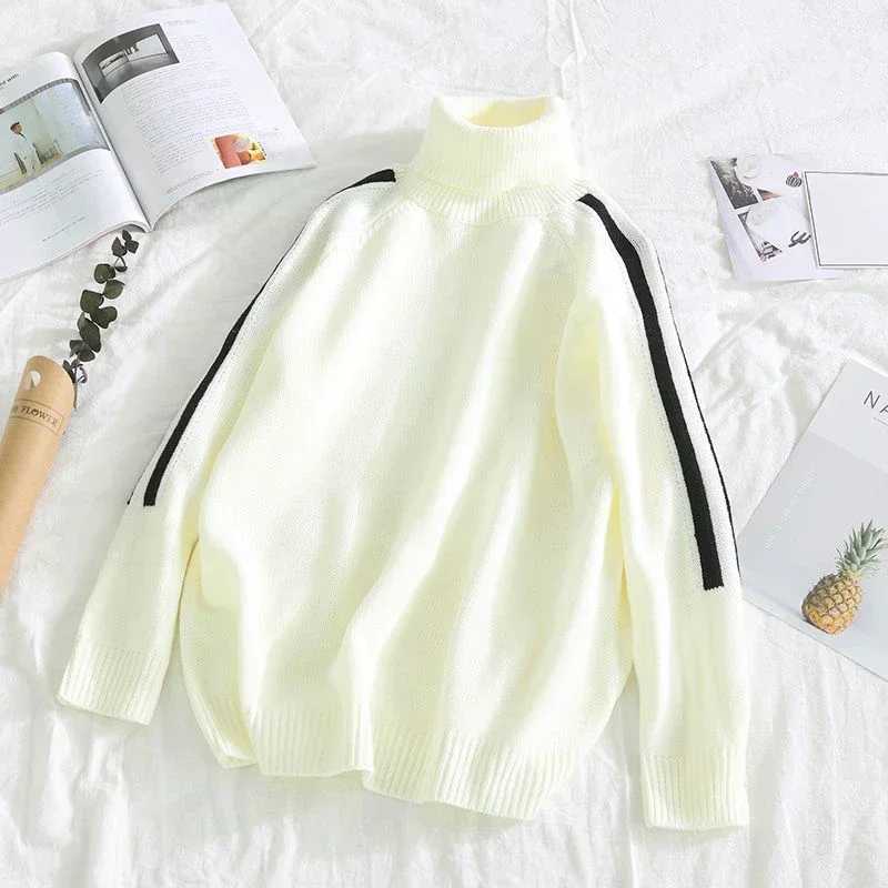 Knitted sweater mens striped floral mens clothing white high neck Harajuku casual turtle neck top old Korea 2024 autumn warm W2411111