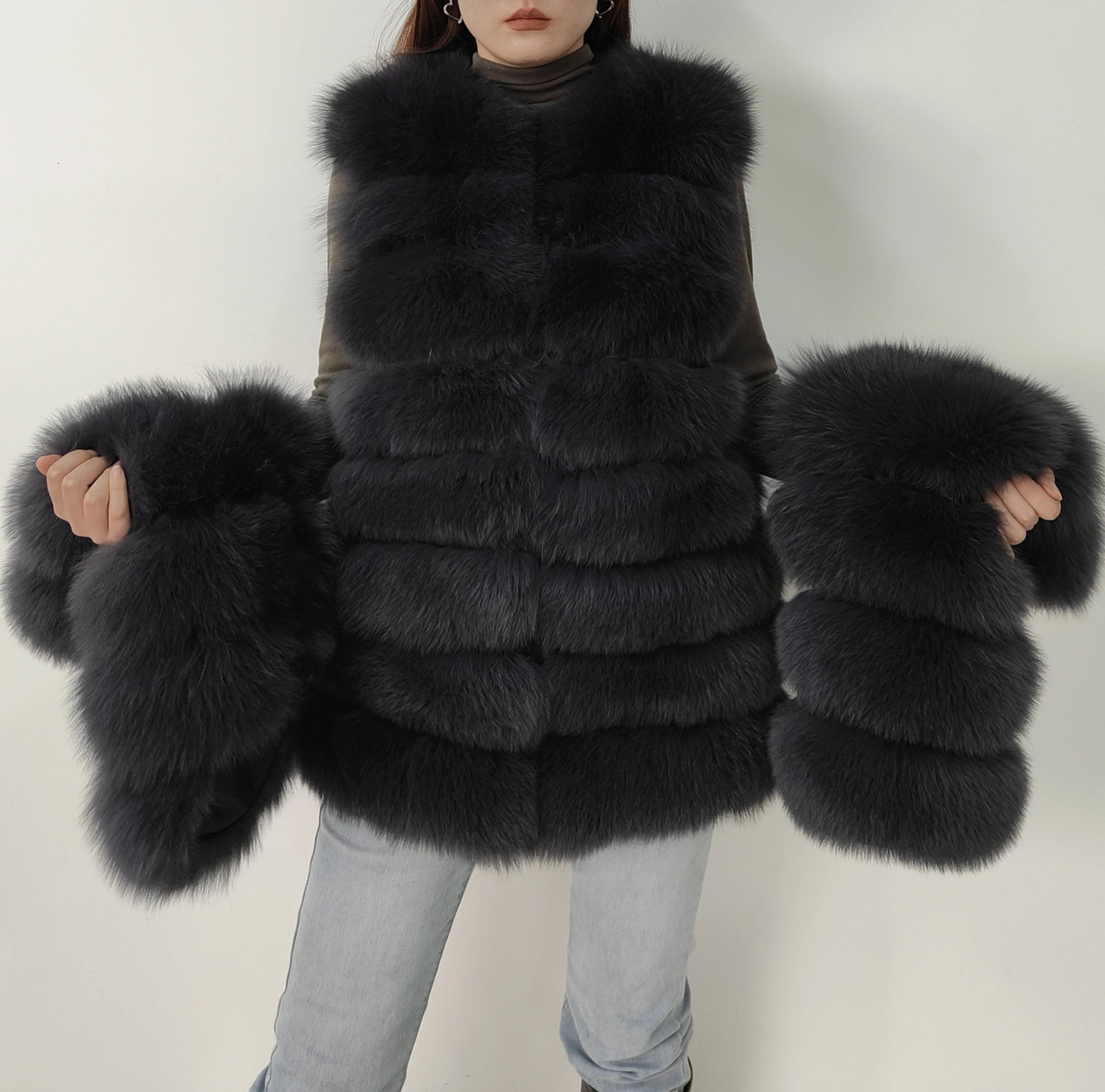 2024 4in1 Winter Jacket Vest Long Furry Fur Natural Real Coat For Womens Overcoat 70cm 241112