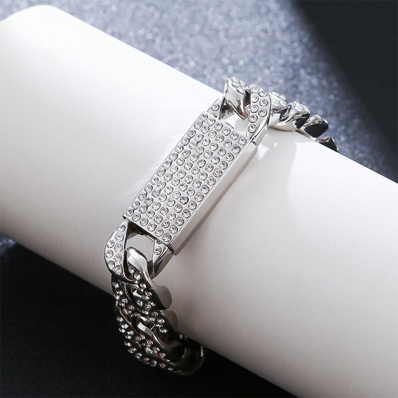 Hip Hop Gold Chuncky ID And Cuban Chain Bracelet Full Crystal Bling Big Size Trendy Men Jewelry Accessory 5