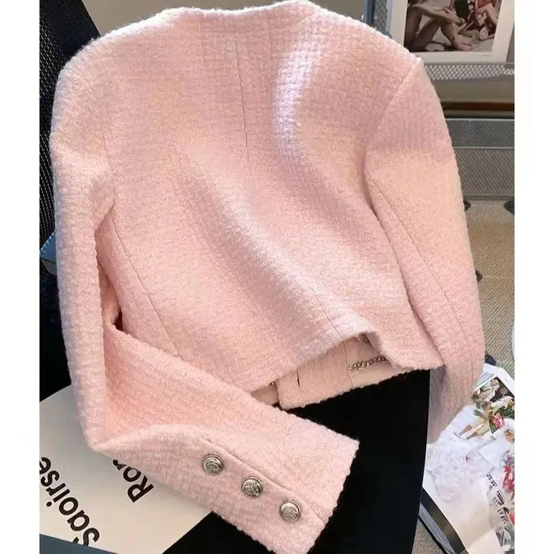 Women Tweed Fragrant Pink Jacke Long Sleeve Single-breasted Winter Autumn Y2K Coat Female Elegant Crop Top Korean Clothing 241112