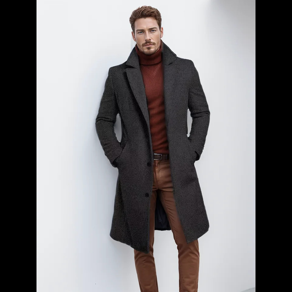 Mens jacket Warm mid length solid color autumn and winter wool jacket 241112