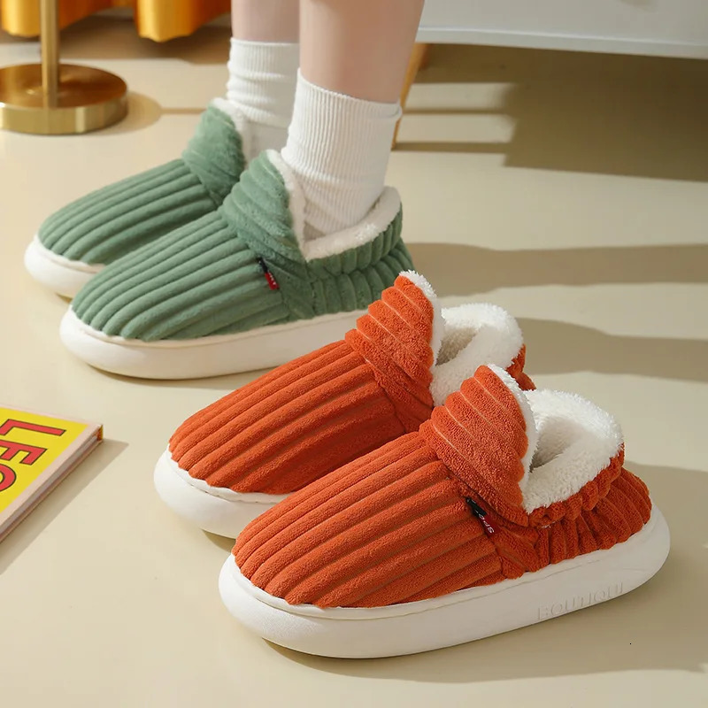 2024 Fashion Couple Winter Warm Plush Slippers Thick Sole Non Slip Casual Cotton Shoes Woman Corduroy Soft Indoor Home Slippers 241112