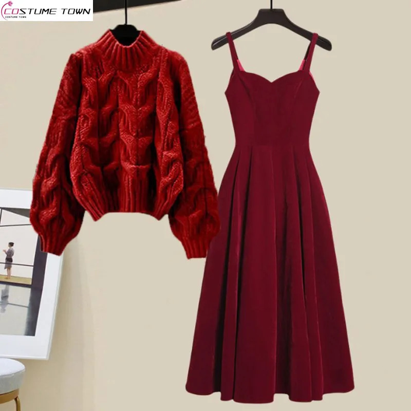 Autumn/Winter Womens Set Korean Edition Year Robe Red SweaterWarm Dress Two Piece Set 241112
