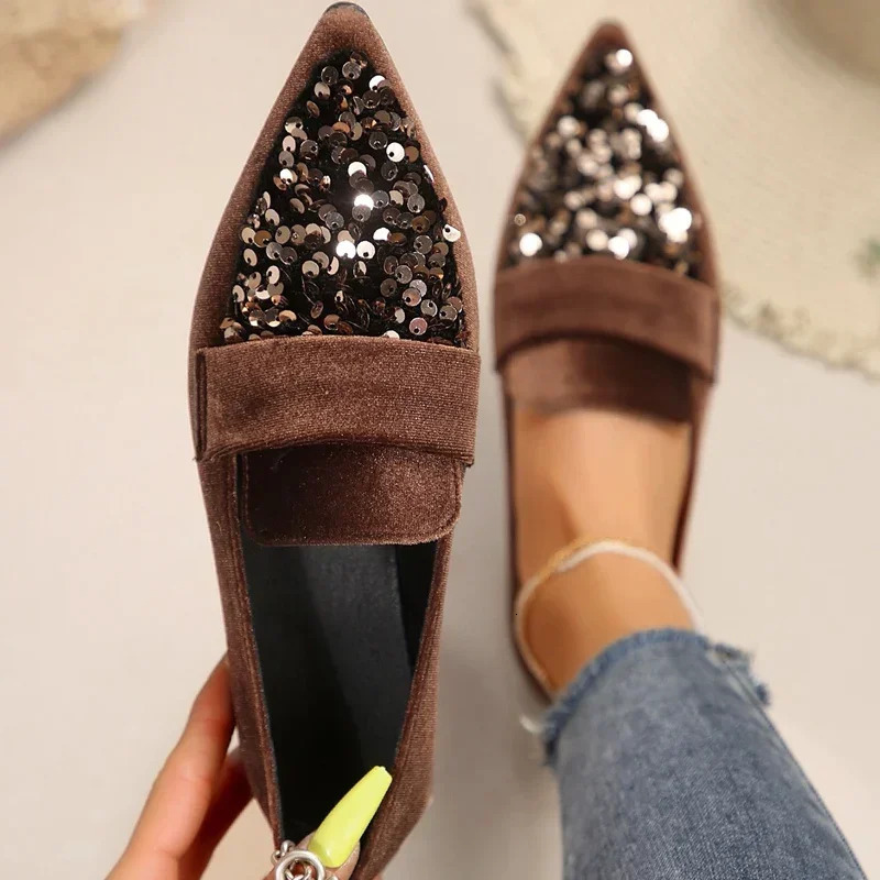 Velvet Womens Sparkling sequin Embroidered Loafers Womens Fashion Dot Toe Silver Grey Velvet Ballet Flat Shoes 241111