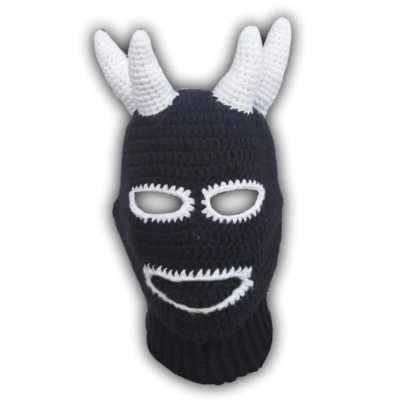 Funny Horn Balaclava Women Men Adult Halloween Face Mask Beanie Handmade Warm FaceCover Hooded Hat for Party