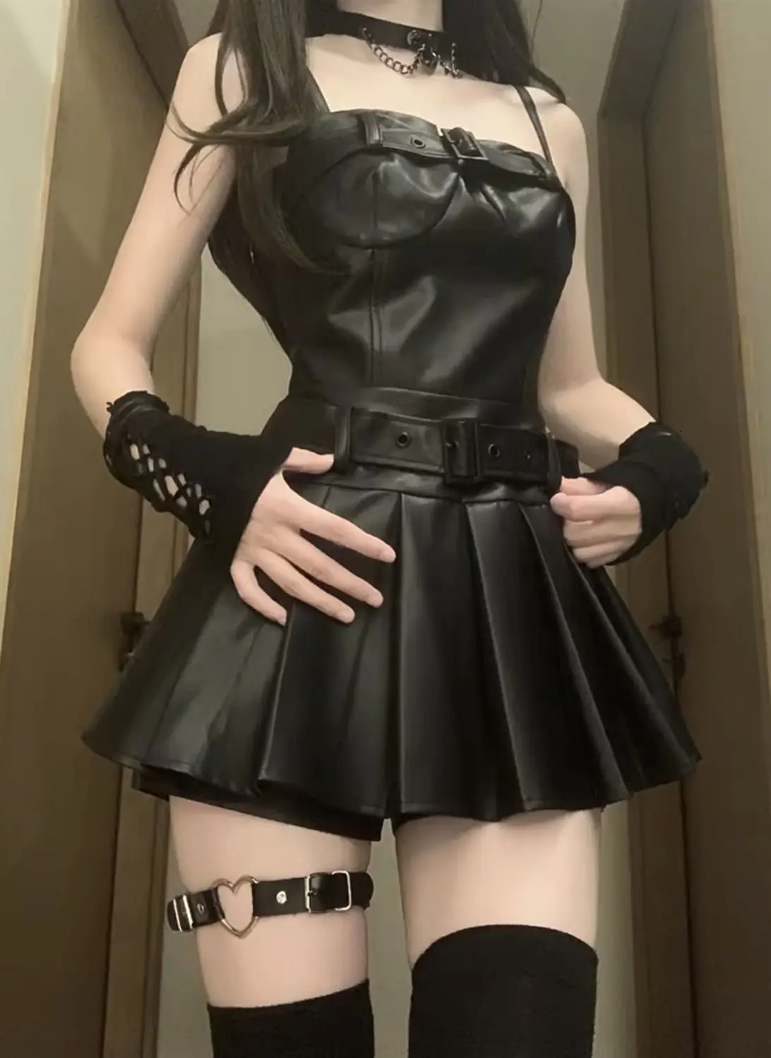 Y2K two-piece womens Harajuku punk street leather black dress set Gothic sexy motorcycle zipper jacket pleated skiing 241112