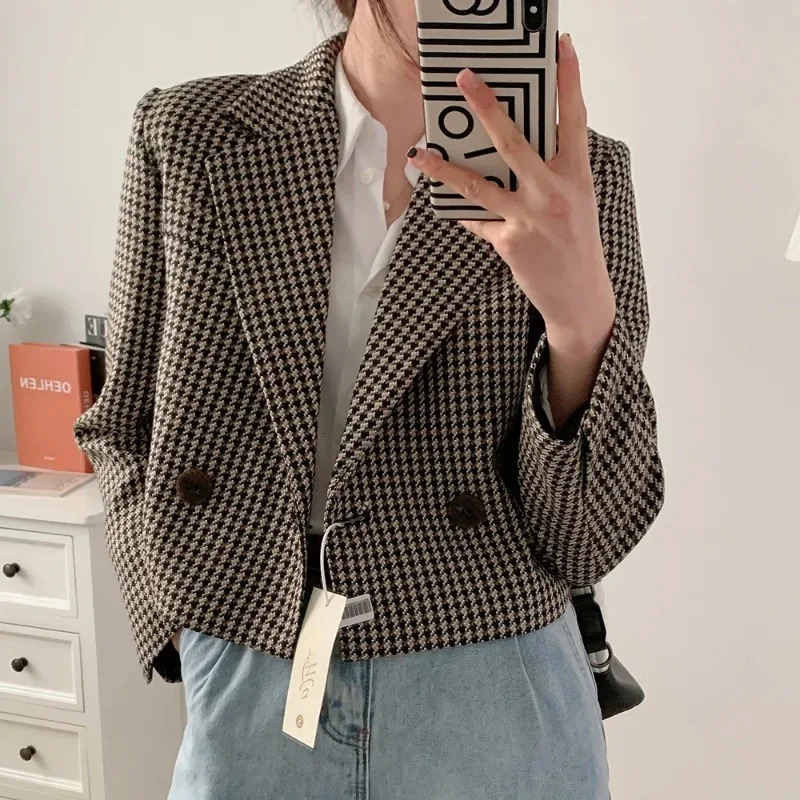 Spring Autumn Vintage Plaid Crop Blazer Top Chic Elegant Office Clothing Lady Streetwear Suit Jacket Women Double Breasted Coats 241112