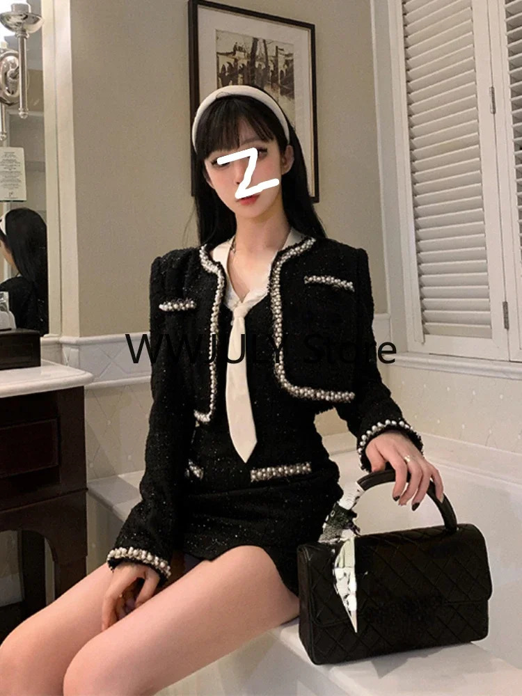 Autumn/Winter Retro Black 2-piece Womens Set Korean Fashion Set Casual Short CoatElegant Belt Y2k Mini Dress Party 241112
