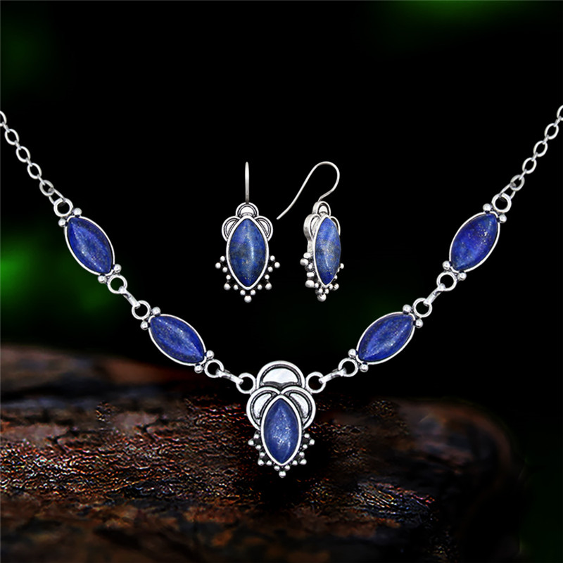 Vintage Eye Shape Tiger Eye Necklace Earring Women Set Antique Sier Plated Flower Natural Stone Fashion Jewelry 4e9af 5 2d673