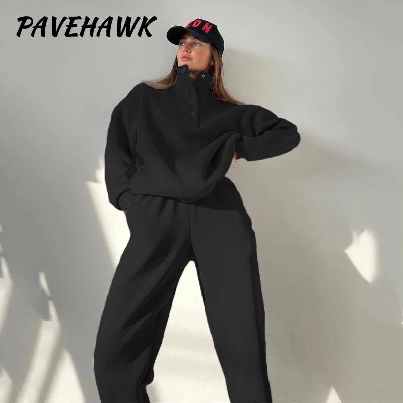 Women Elegant Solid Hoodies Sets Long Sleeve Stand Up Collar Loose Thick Button 2 Piece Set Casual Pullover Pant Suit 241111