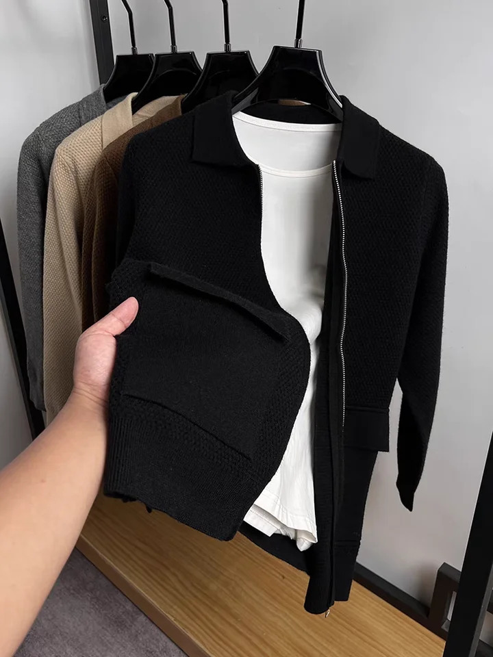 Trendy Mens Knitted Jacket Autumn/Winter Collection Half Zipper Flip Collar Pocket Exquisite Jacquard Casual Coat 241112