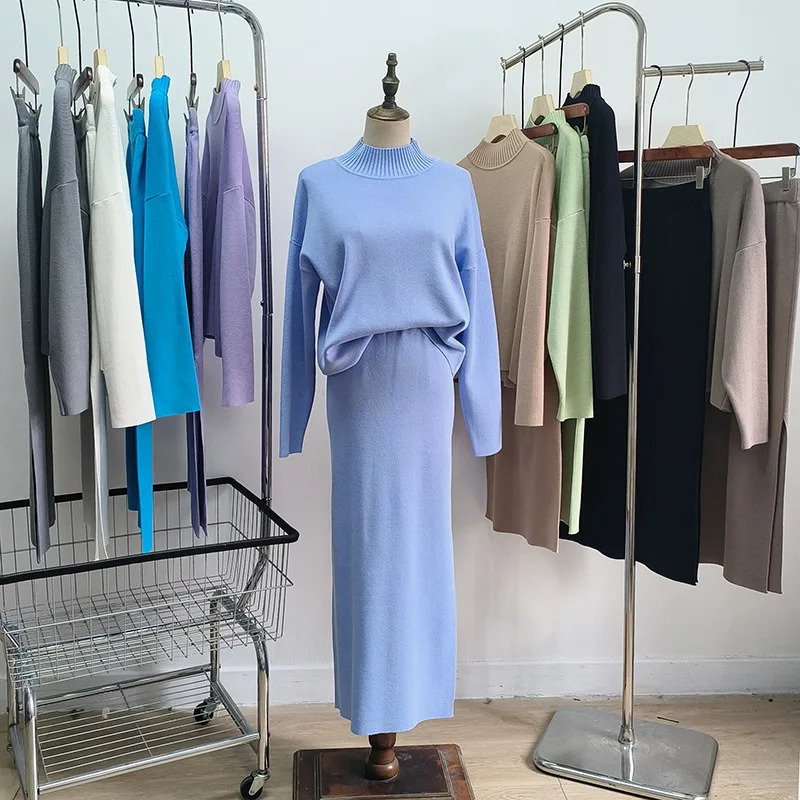 HLBCBG 2-piece Knitted Set Womens Maxi Ski Track Set Winter Warm Turtle Neck SweaterLong Midi Straight Skirt 2-piece Set 241112