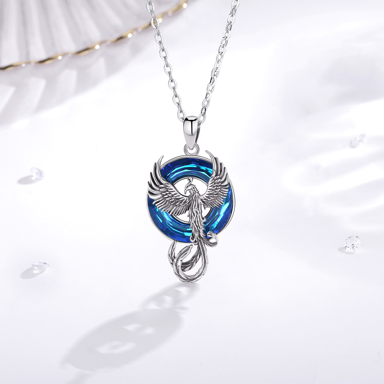 Eudora Sterling Sier Phoenix Neckalce Circle Austrian Crystal Phoenix Pendant Personality Jewelry for Women Man Gif e65e0 5 50a12