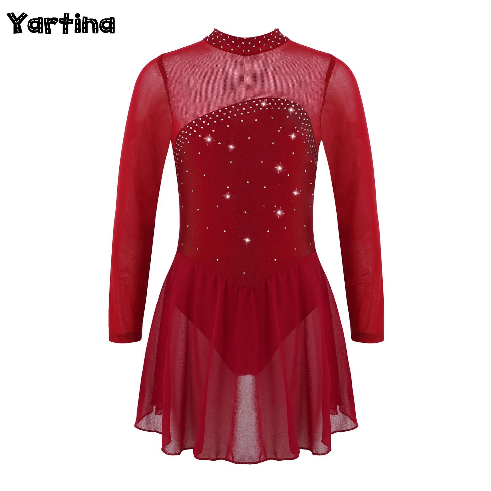 Children Girls Gymnastic Leotars Ballet Tights Latin Dance Performance Costume Long Sleeve Rhinestone Figure Skating Dance Dress