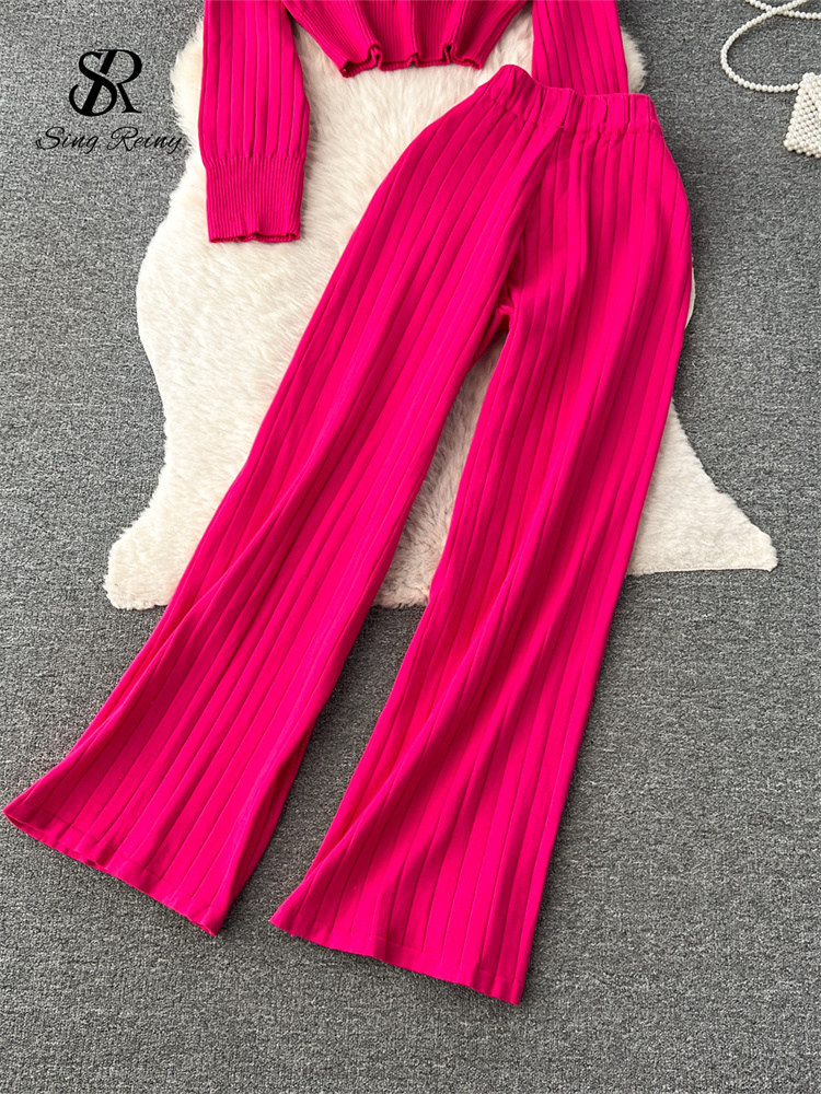 SINGREINY Winter Knit Two Pieces Suits Half High Collar Full Sleeve Pullover+Wide Legs Long Pants Women 2023 Senior Striped Sets a92b8