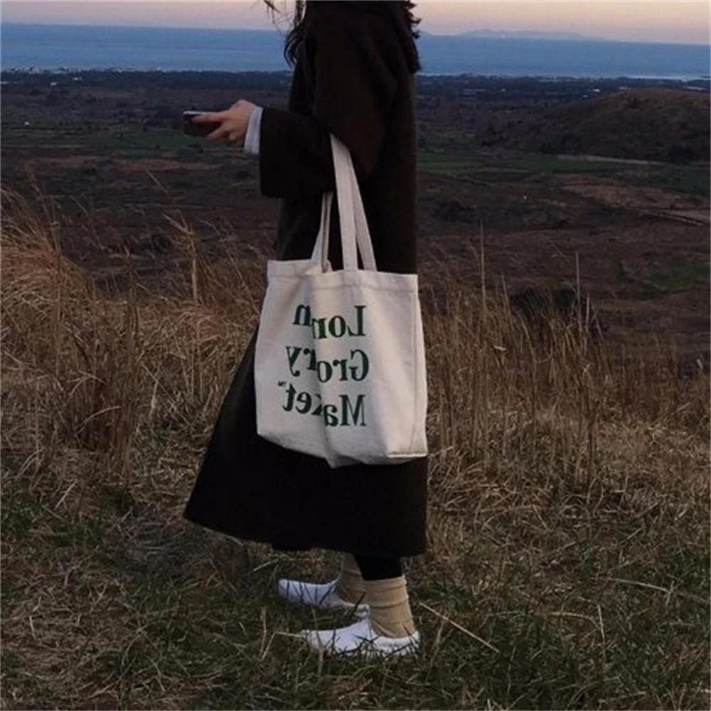 Womens Leisure Large Capacity Shoulder Bag Shopping Canvas Ugh Letter Fashion Harajuku Printing Ulzzang Handbag 241111