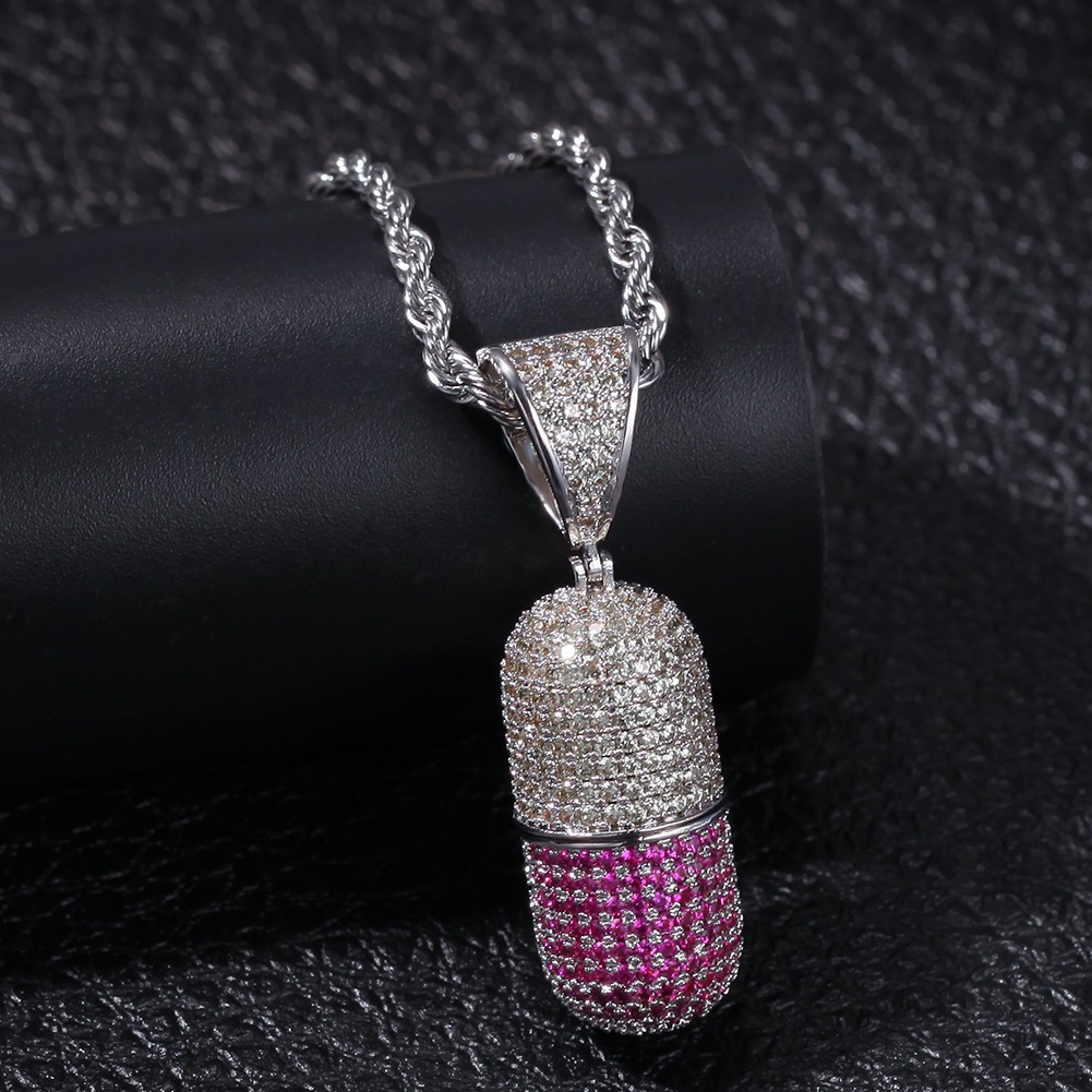 Hip Hop Capsule Pendant Necklace Can be Unscrewed Full Cubic Zirconia with Stainless Steel Rope Chain