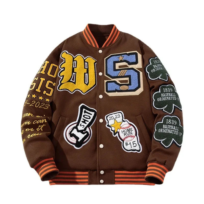Embroidery Varsity Jacket Men Women Letter Winter American Baseball Jacket Hip Hop Woolen Coat Thick Warm Outwear Parkas Brown 241111