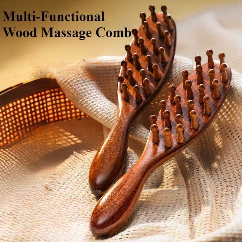Multi functional wood therapy massage comb scalp head massager natural sandalwood round teeth guasha scraping body massager W241112
