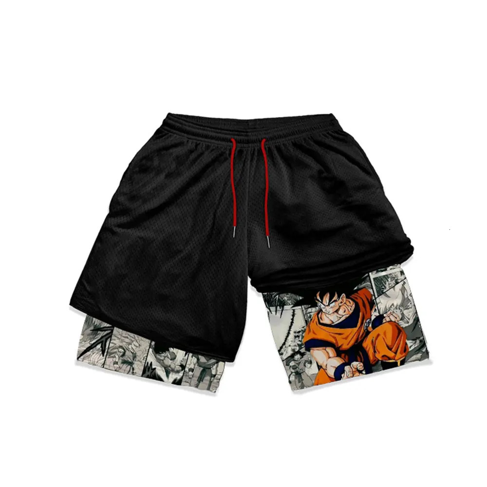 Anime Gym 2 in 1 Shorts for Men Quick Dry Breathable Mesh Performance Shorts Summer Sports Fitness Workout Jogging Short Pants 240412