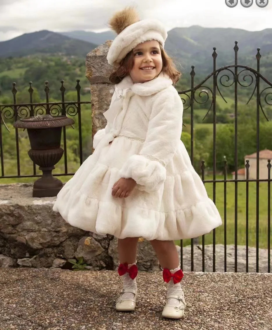 1-12Y Baby Girl Autumn Winter Pink White Fur England Spanish Red Velvet Princess Wool Coat for Casual Eied 241028