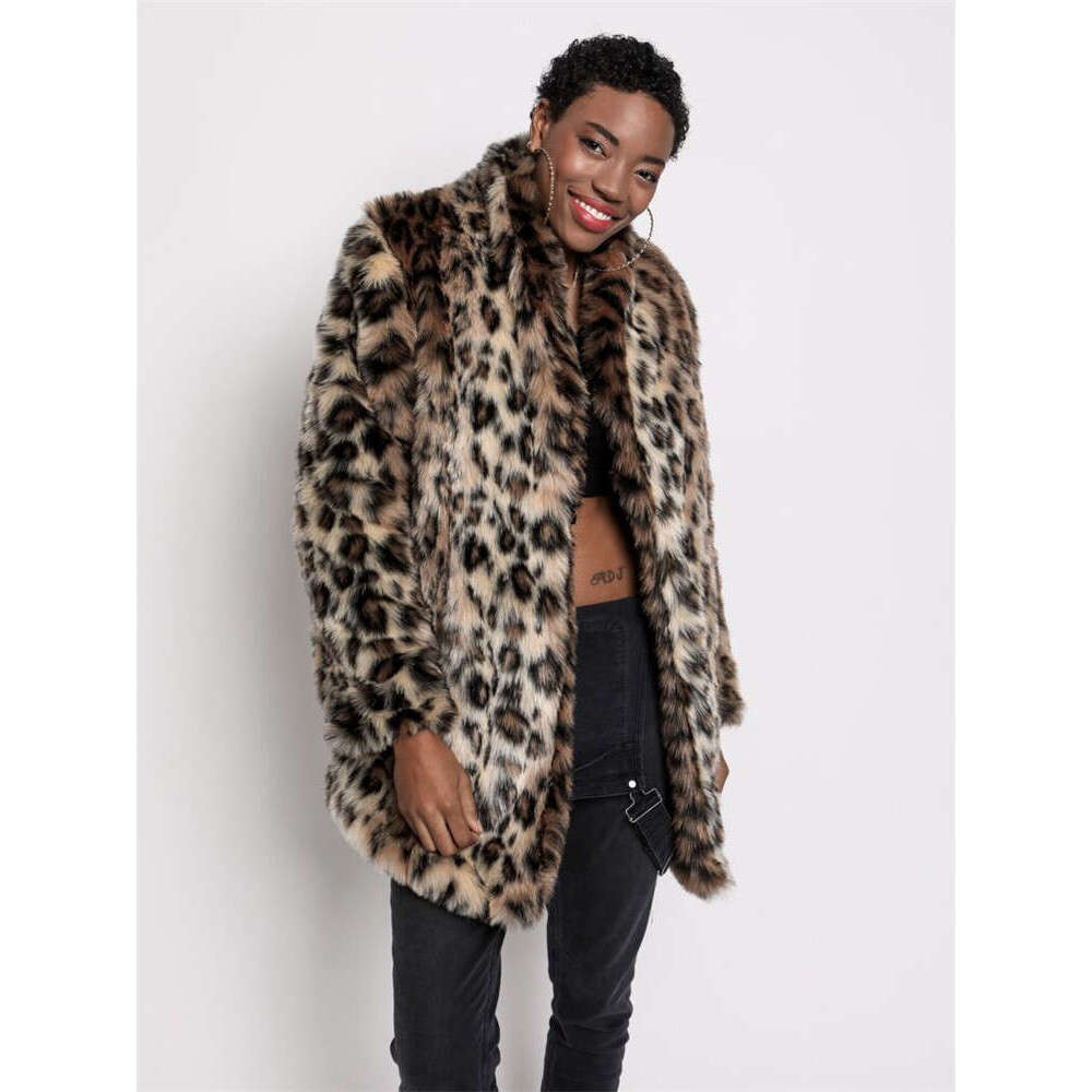 shanshi fur coat women Popular faux fur plush leopard print casual loose mid length jacket