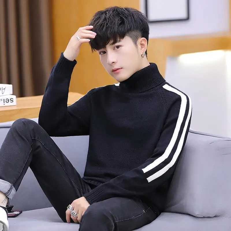Knitted sweater mens striped floral mens clothing white high neck Harajuku casual turtle neck top old Korea 2024 autumn warm W2411111