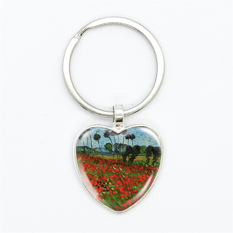 Van Gogh Oil Painting Heart Pendant Keychain Starry Night Art Picutre Glass Gem Key Chains Jewelry for Men Women 68d7b 5