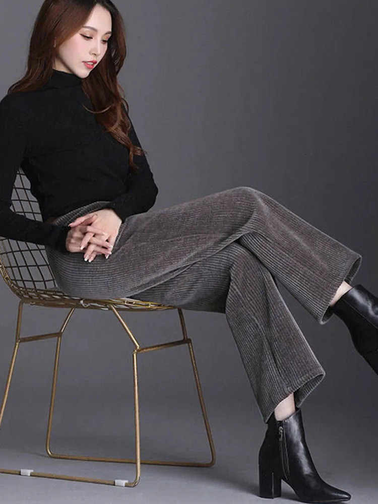 Womens thick winter wide leg pants warm velvet Corduroy casual pants pockets high waist oversized 5XL straight sports pants 241112