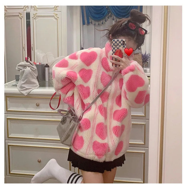 Winter Japanese Coats Korean Fashion Kawaii Lambswool Coats Pink Heart Shaped Womens Artificial Fur Teddy Jacket Coat Womens Coat 241112