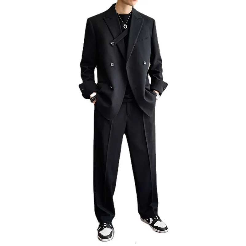 Men Korean Streetwear Fashion Loose Casual Double Breasted Suits Sets Blazer Jacket Pant Male Wedding Business Suit Coat Trouser 240412