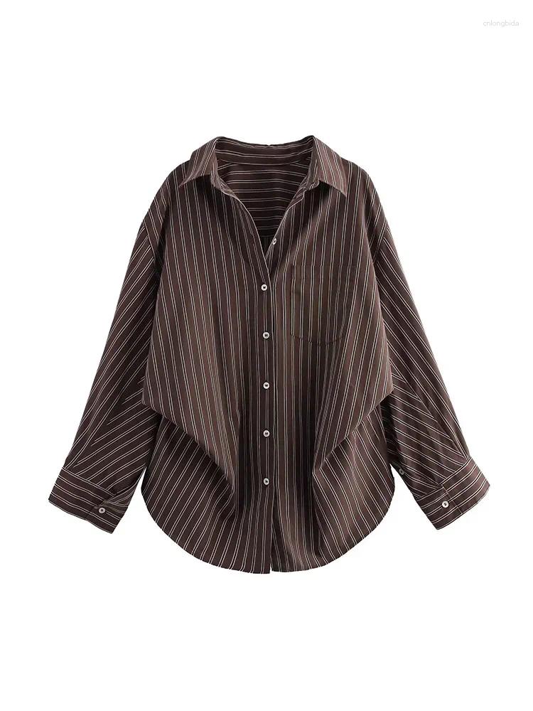 Women's Blouses Women Fashion Striped Pleated Single Breasted Blouse Vintage Lapel Neck Long Sleeves Female Chic Lady Shirts B4