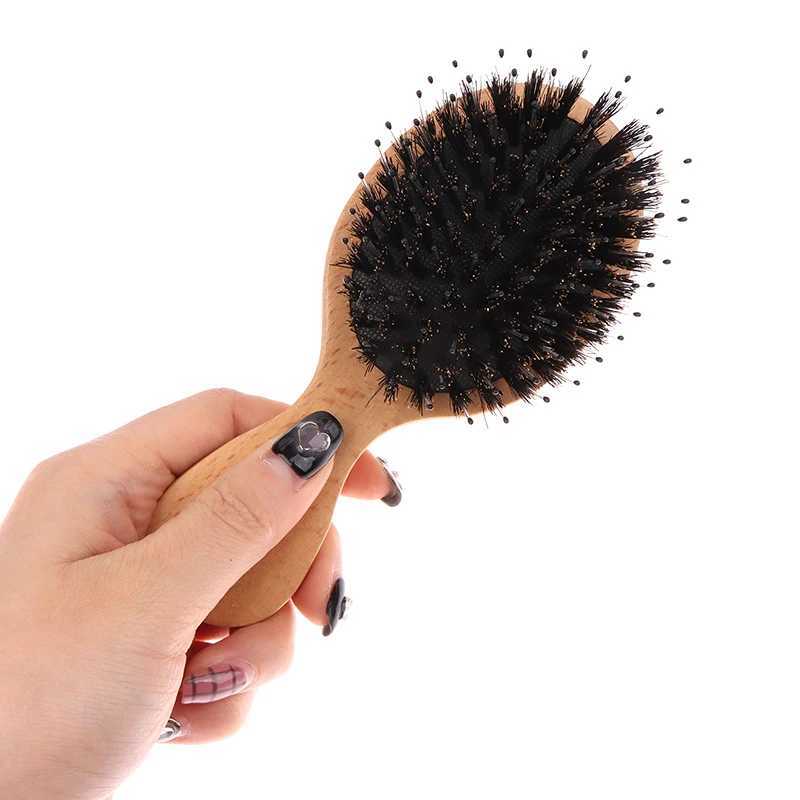 Wooden handle bristle brush anti-static scalp massage comb portable oval mini airbag comb styling tool W241112