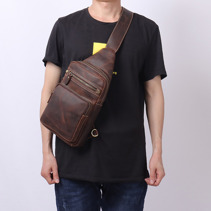 Newsbirds High Quality Big Chest Bag Real Cowhide Leather s Crazy Horse Men's Sling Pack For Man Male a71b2
