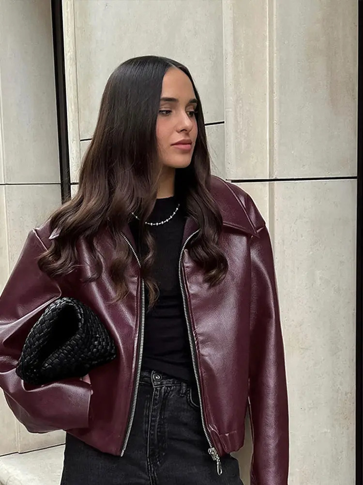 Fashion collar zipper leather motorcycle jacket for women vintage wine red long sleeved bomber bike jacket for women street womens jacket 241111