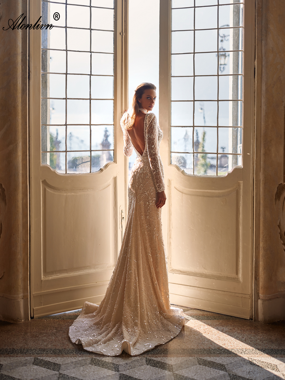 Sparkly Lace Sheer v-Neck 2 In 1 Mermaid Wedding Dress Stunning Beading Sequined Lace With Removable Silky Tulle Train Full Sleeves Backless Trumpet B