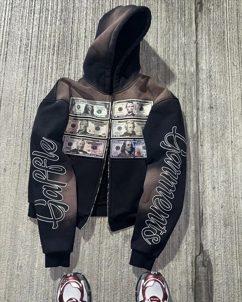 Fashion trend street clothing oversized zipper hooded sweatshirt mens letter printed jacket couple Harajuku hip-hop gothic sweater jacket 241112