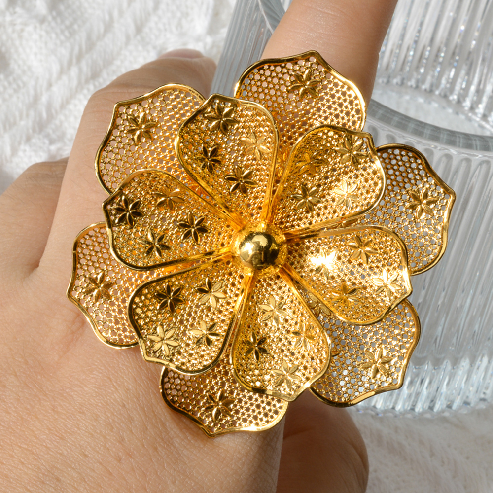 Dubai Nigerian Gold Plated Rings Big Flower Jewellery Indian Bride Wedding Ethiopian Luxury Finger Jewelry For Women Party Gift
