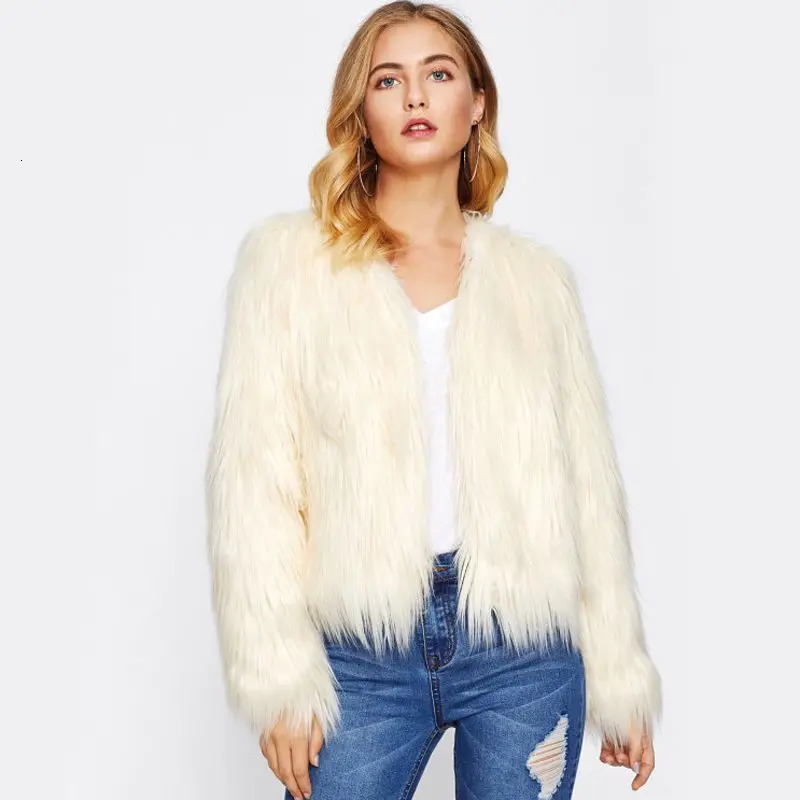 Furry Fur Coat Women Fluffy Warm Long Sleeve Outerwear Autumn Winter Jacket Hairy Collarless 241112