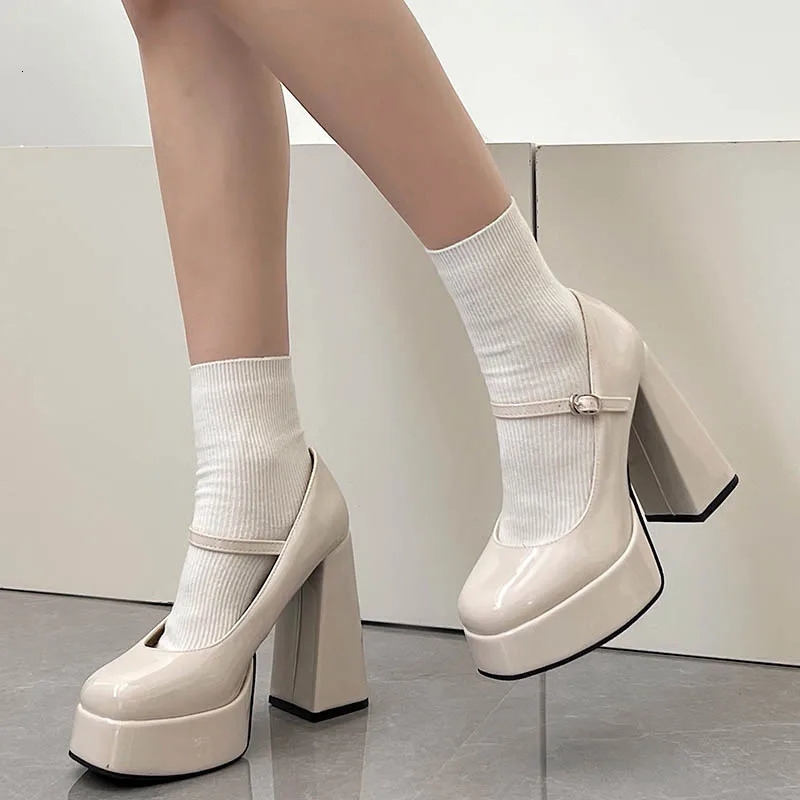 Retro High Heels Mary Jane Shoes Womens Patent Leather Platform Pump Womens Elegant Solid Office Boots Thick High Heels 241111 - view 6