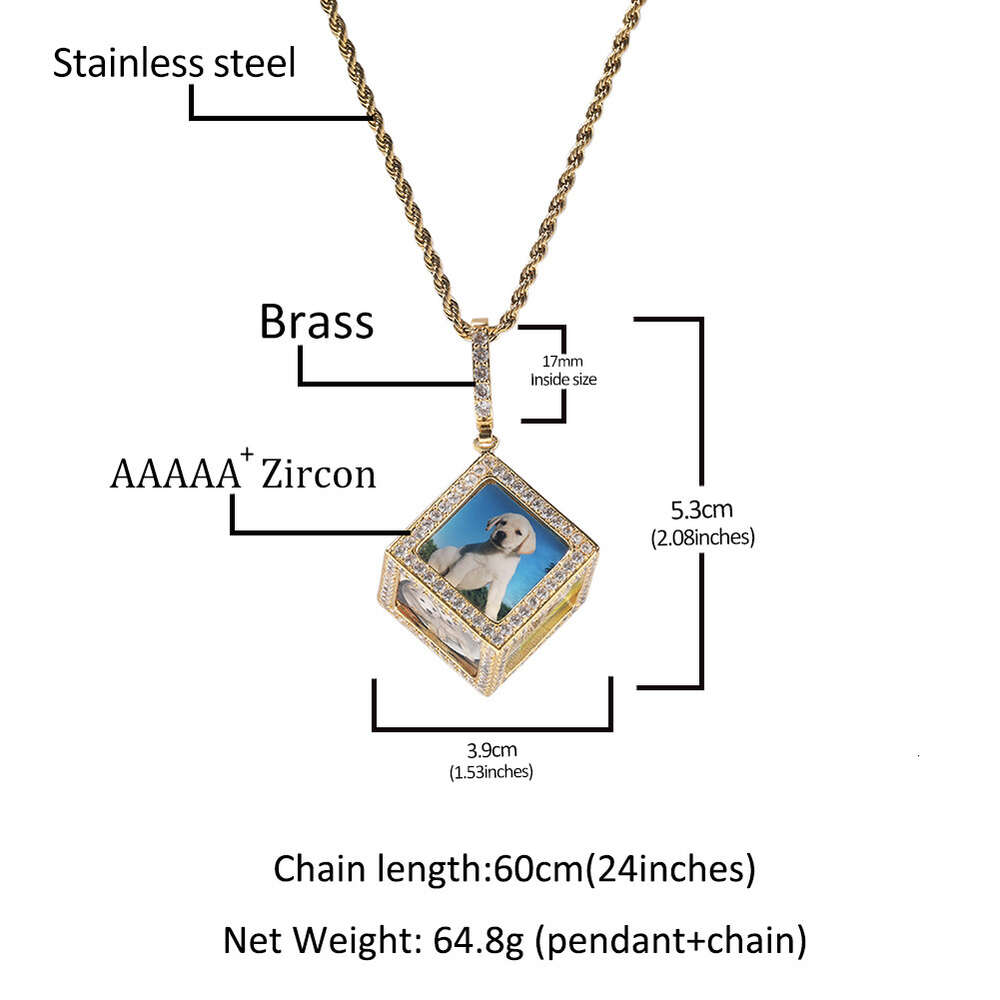 Top Quality Hip Hop Custom Photo 3d Cube Frame Pendant Necklace Fashion Creative Shiny Cubic Zirconia Diy Personalized Couple Charm Jewelry Bling Jewe