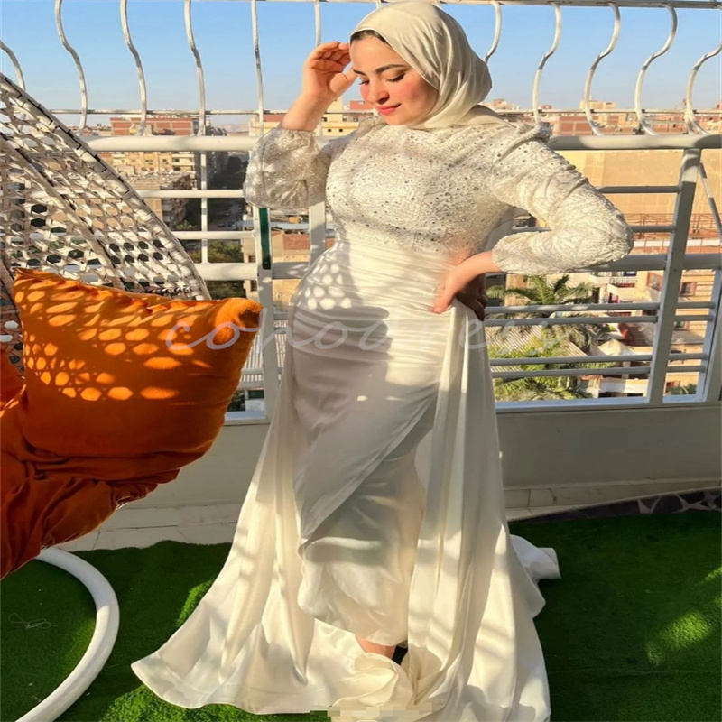 Luxury Arabian Dubai Wedding Dresses With Overskirt Train Elegant Muslim Bride Dress Sequin Long Sleeve Turkish Bride Vestio De Novias 2025